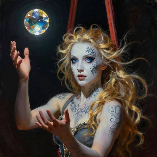 Digital painting of a mystical, blue-eyed woman with flowing blonde hair, intricate black tattoos, and fair skin, levitating a shimmering crystal ball against