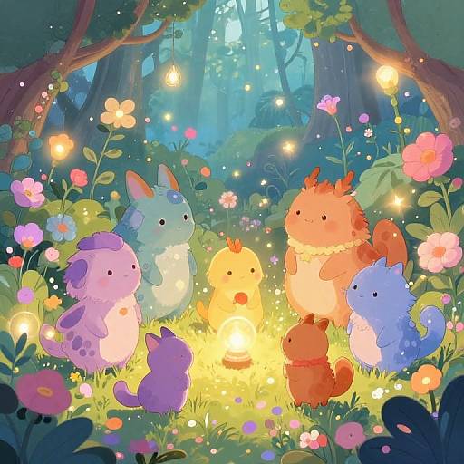 Whimsical forest scene with colorful, cute, chubby creatures gathered around a glowing campfire, surrounded by vibrant flowers and twinkling lights. Digital illustration