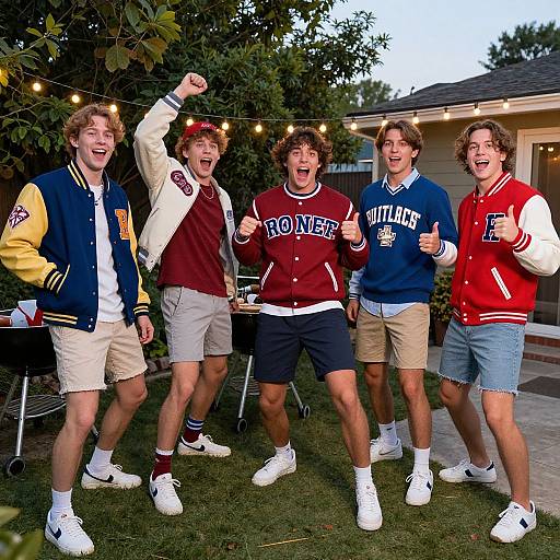 Photograph of five young men in retro football jerseys and shorts, posing cheerfully outdoors under string lights, with a house in the background.