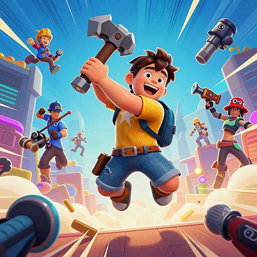 Vibrant, action-packed digital illustration of a cheering, shirtless boy with a hammer, surrounded by cartoon characters with weapons, jumping in a colorful