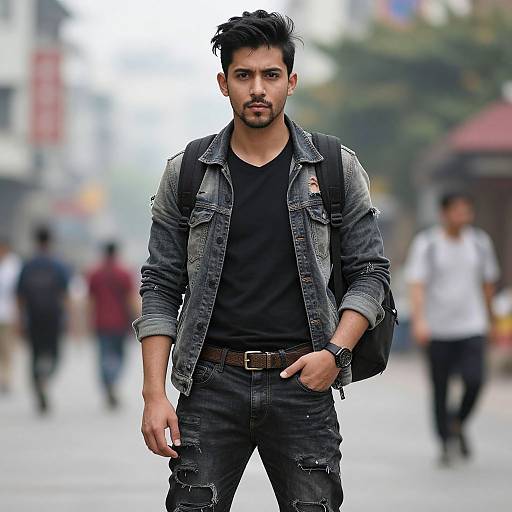 Photograph of a handsome, bearded Asian man with short black hair, wearing a black shirt, denim jacket, and dark jeans, standing confidently on