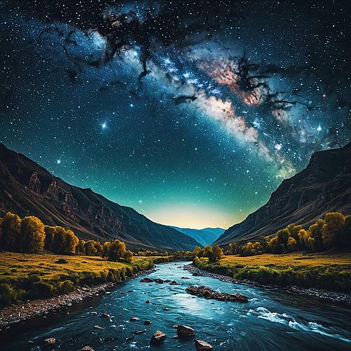 River Landscape Under Milky Way Galaxy