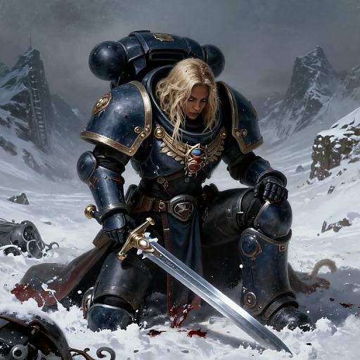 Digital fantasy artwork of a blonde warrior in dark blue, gold-embellished armor kneeling in snow, holding a sword with bloodstains, amidst
