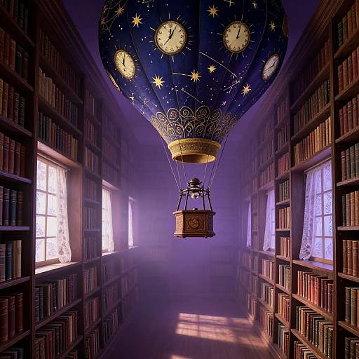 Photograph of a dimly lit library aisle with bookshelves on both sides, illuminated by sunlight from windows. A large, starry hot air