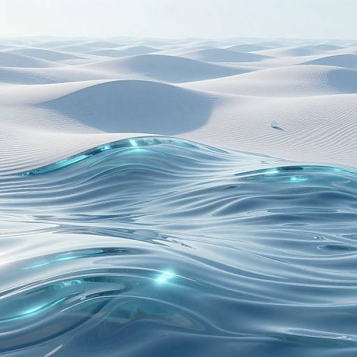 Digital artwork of undulating, glossy blue and white waves with subtle lighting reflections, creating a serene, abstract ocean-like texture.