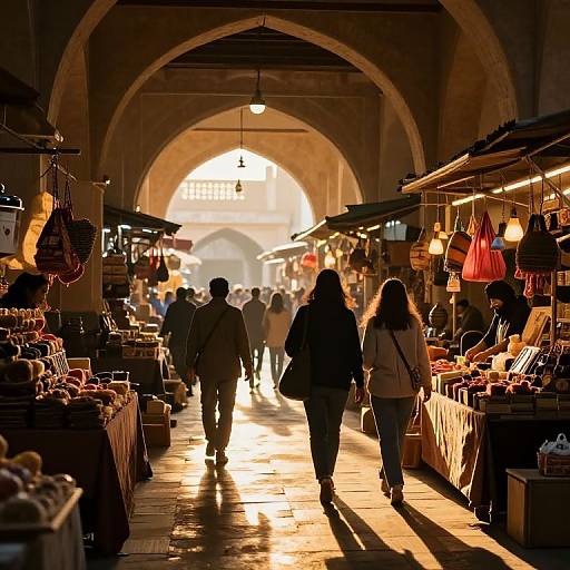 Photograph of a sunlit, arched market hallway with vendors' stalls on both sides, shoppers in the foreground, warm golden light, and a