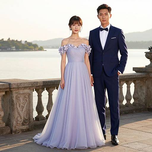 Photograph of an Asian couple in formal attire; she wears an off-shoulder lavender wedding dress, he in a navy tuxedo with bow