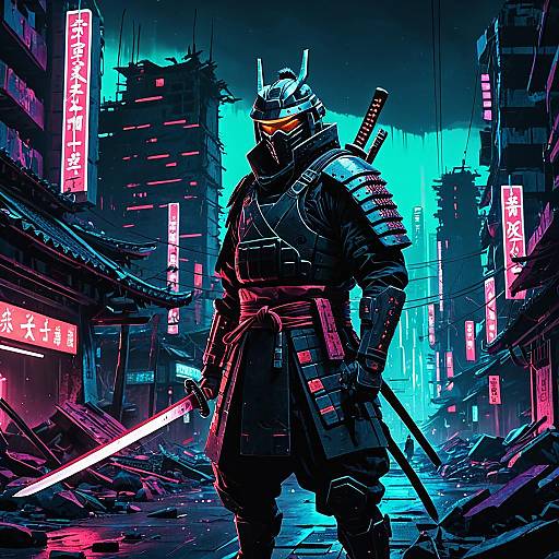 Cybernetic Samurai in Neon Futuristic City Ruins