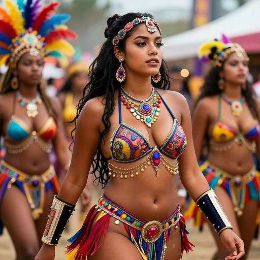 Photograph of a confident, dark-skinned woman with long black hair, wearing colorful, beaded tribal bikini, headpiece, and jewelry, surrounded