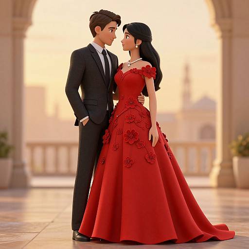 Digital art of a handsome man in a black suit and a beautiful woman in a red floral gown, standing closely in a sunlit, arched courtyard