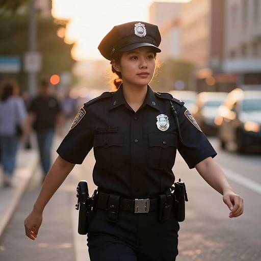 Photograph of an Asian female police officer in black uniform and cap, walking on a sunlit urban street, with blurred background and vehicles.
