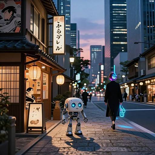 Photograph of a nighttime urban street in Japan with a white robot walking ahead of a person in a black coat holding a glowing bag, illuminated shop signs