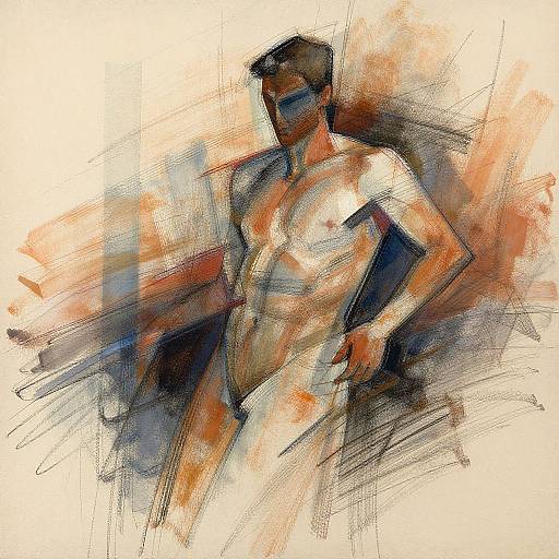 Abstract sketch of a muscular, nude male figure with dark hair, standing with hands on hips, using bold, dynamic brushstrokes in orange, blue