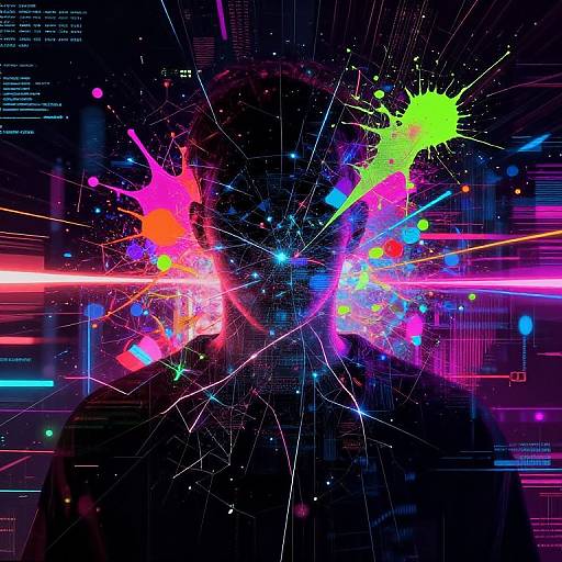 Digital art of a black silhouette with vibrant neon splashes of pink, blue, green, and yellow on a dark, tech-themed background.