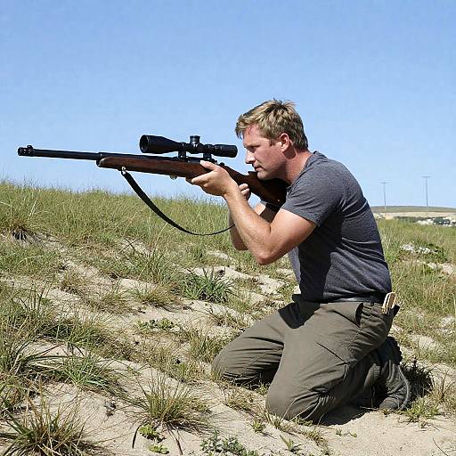 Man Aiming Rifle in Outdoor Landscape