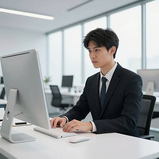 Photograph of an Asian man in a black suit and white shirt, typing on a white MacBook in a bright, modern office.