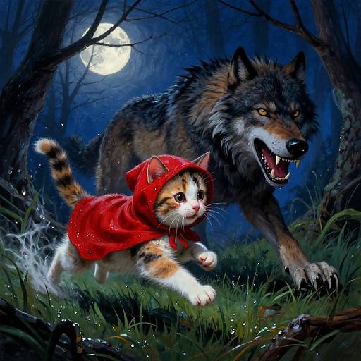 Digital illustration: Adorable calico kitten in red hooded cape running from fierce, snarling gray wolf under a full moon in a dark,