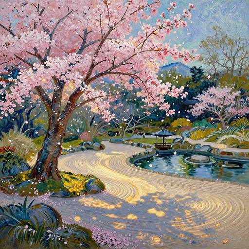 Vibrant digital painting of a serene Japanese garden with a winding raked-sand path, cherry blossoms, a small wooden pavilion, and