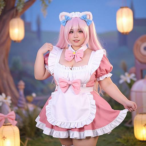 Digital anime-style photograph of a cute, pink-haired girl in a frilled pink and white maid outfit with blue bows, standing outdoors at dusk, surrounded