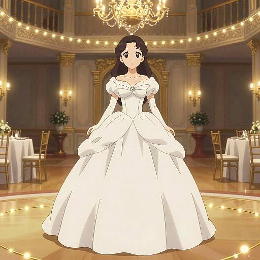 Anime-style drawing of a beautiful woman with long black hair in a white, off-shoulder ball gown, standing in an elegant, chandelier-l