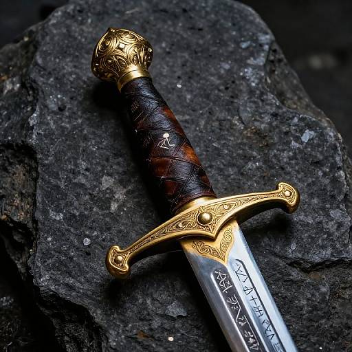 Photograph of an ornate, gold-hilted sword with black leather-wrapped handle and intricate engravings, resting on a rough, dark