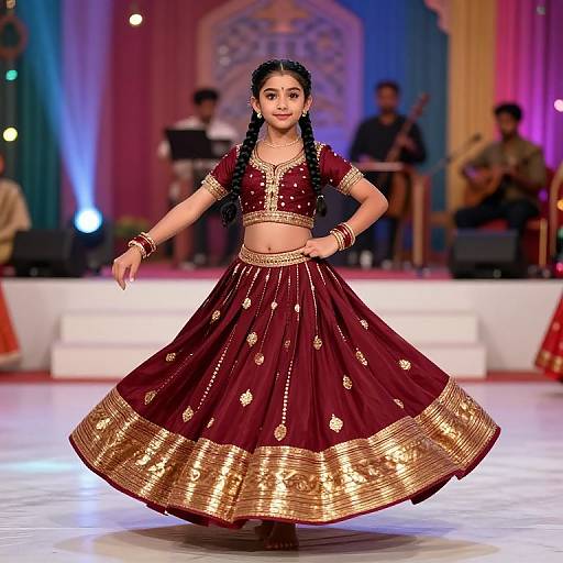 Photograph of a young South Asian woman with dark skin and braided hair, wearing a maroon and gold traditional lehenga, mid-dance on