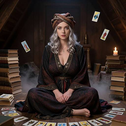 Photograph-style digital art: Mystical woman with silver hair, deep cleavage, dark robe, turban, surrounded by floating cards, stacked books
