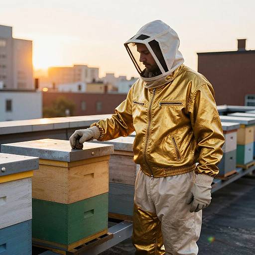 Urban Beekeeper in Honey-Gold Jacket on Rooftop
