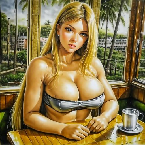 Blonde Woman in Underwear Sitting at Table