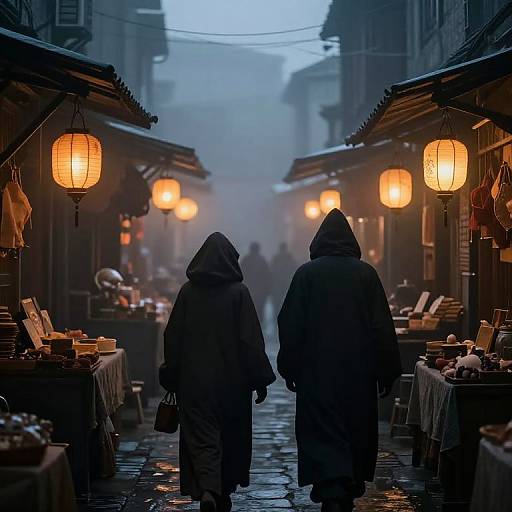Photograph of two hooded figures walking down a foggy, illuminated, narrow market street with lanterns, tables, and vendors.