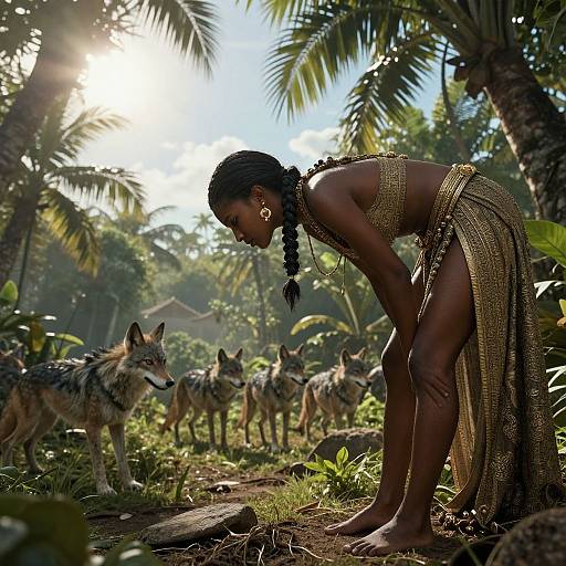 Photograph of a dark-skinned woman with braided hair, gold dress, bending, in a sunlit jungle, surrounded by wild coyotes.