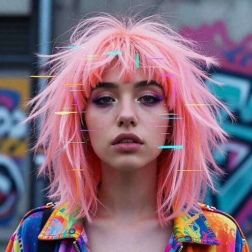 Photograph of a young woman with bright pink, spiky hair, wearing a colorful, abstract-patterned jacket, set against a graffiti-covered urban background