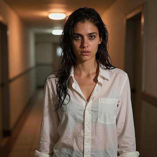 Mysterious Woman in Dim Hallway