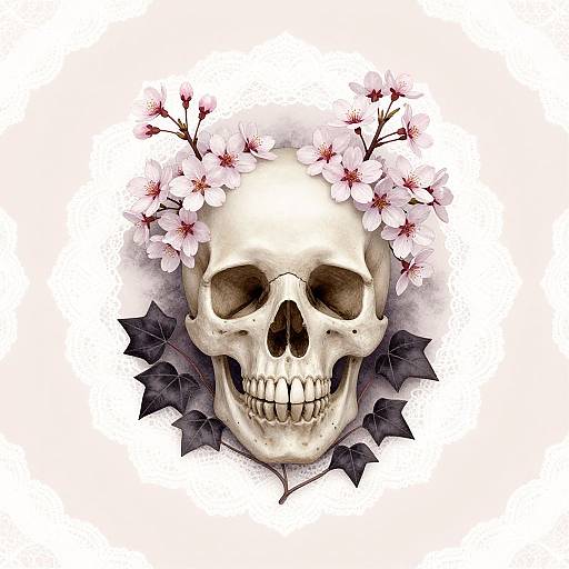 Digital illustration of a skull with a cherry blossom crown and dark leaves, centered against a white background.