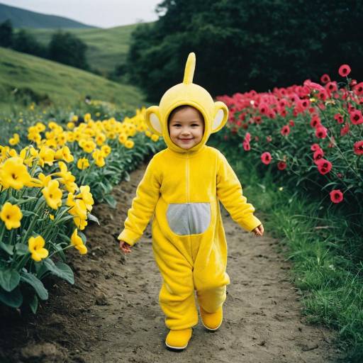 Toddler in Yellow Teletubbies Costume Walking Outdoors