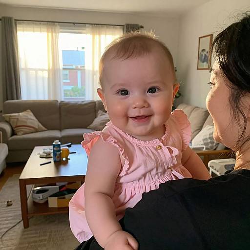 Photograph of an Asian mother holding a smiling baby girl in a pink sleeveless dress, sitting in a bright living room.