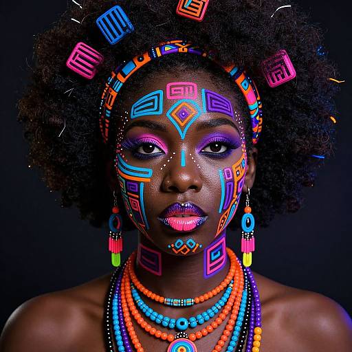 Photograph of a dark-skinned woman with glowing neon face paint, colorful geometric patterns, and vibrant beaded jewelry against a black background.
