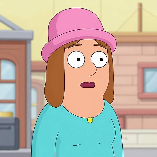 Cartoon of a surprised woman with brown hair, wearing a pink hat and blue shirt, in front of a blurry urban background.