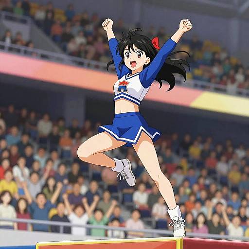 Energetic Anime Cheerleader Leaping in Sports Arena