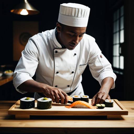 Male Chef Preparing Sushi on Wooden Platter