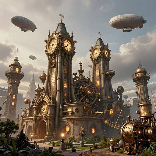 Steampunk clock tower complex with large clocks, airships in sky, and intricate metalwork under a cloudy sunset. Detailed, fantastical architecture.