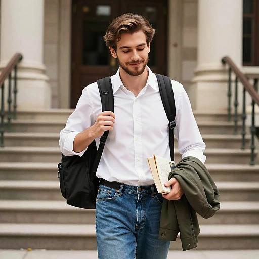 Smiling Young Man Holding Jacket and Book