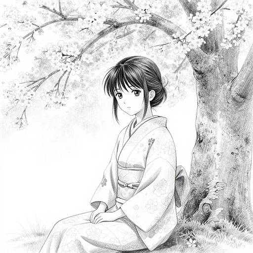 Serene Anime Girl Under Cherry Tree