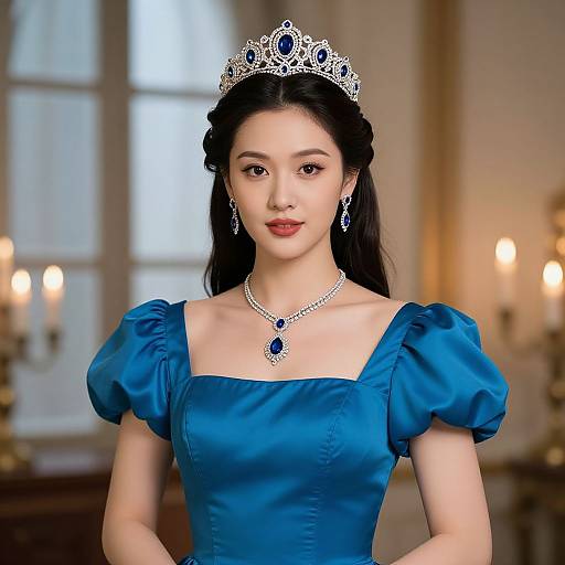 Photograph of an East Asian woman with fair skin, long black hair, wearing a blue satin dress, silver tiara, and matching necklace, standing