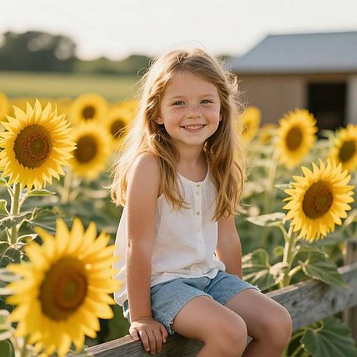 Photograph of a smiling young girl with long brown hair, wearing a white sleeveless top and denim shorts, sitting on a wooden fence in a sun