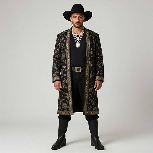 Photograph of a man in a black, ornate, long coat, black pants, black boots, black hat, and necklace, standing against a