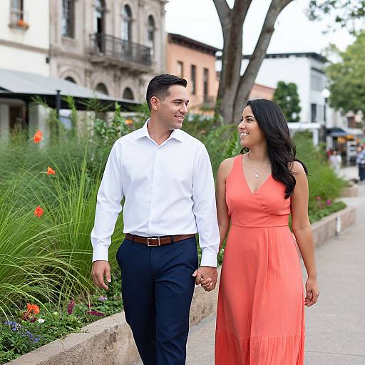 Photograph of a smiling couple walking hand-in-hand on a sunny street; man in white shirt and black pants, woman in coral dress.