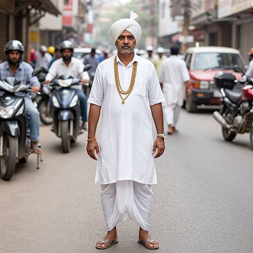 Photograph of a middle-aged South Asian man in white traditional attire, gold necklaces, and a white turban, standing confidently on a busy street