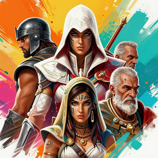 Digital artwork of four fantasy warriors: muscular man with helmet, hooded woman with blue eyes and tattoos, older bearded man with white hair, and
