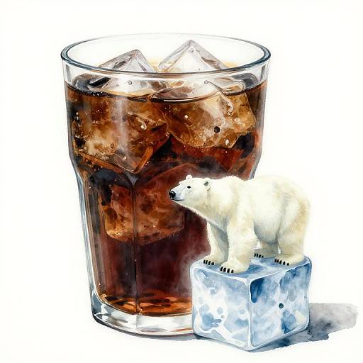 Digital watercolor-style image of a glass with dark cola and ice cubes, featuring a small white polar bear on a blue ice cube.